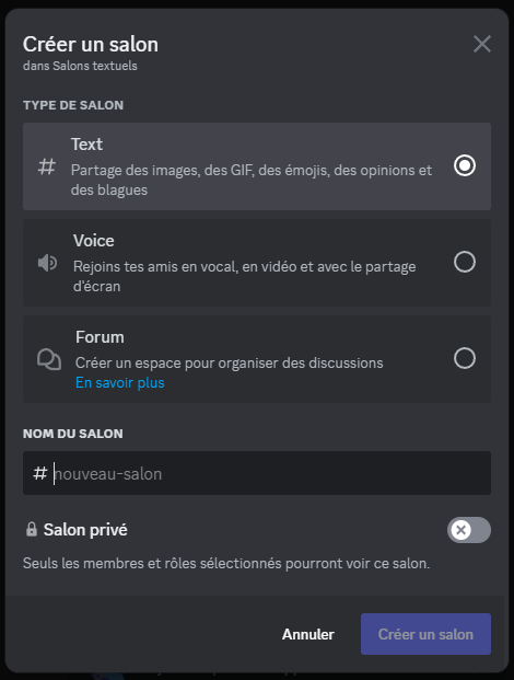 Menu apparaissant suite à avoir cliqué sur la croix de l'image prédente. Vous pouvez sélectionner forum et indiquer son nom et s'il est privé