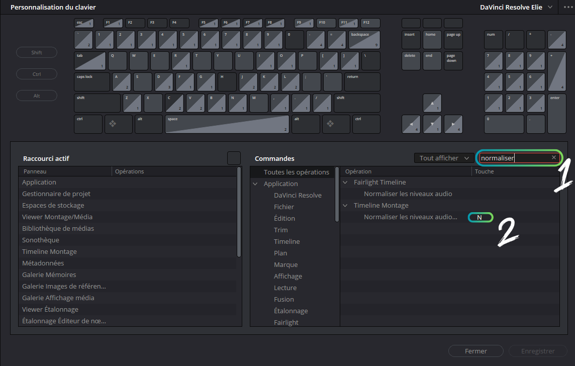 Personnalisation du clavier, recherche de normaliser et asignation d'un raccourci pour normaliser les niveaux audio.